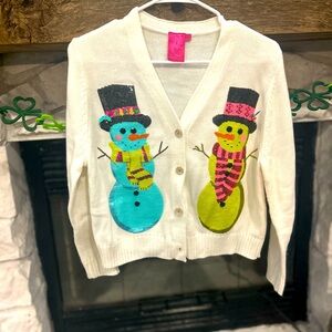 QOS/POS kids XL Snowman Cardigan fist like an XS woman’s . Worn once. Fitted
